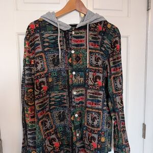 Ethnic Style Pattern Button Up Long Sleeve Hooded Shirt Size M